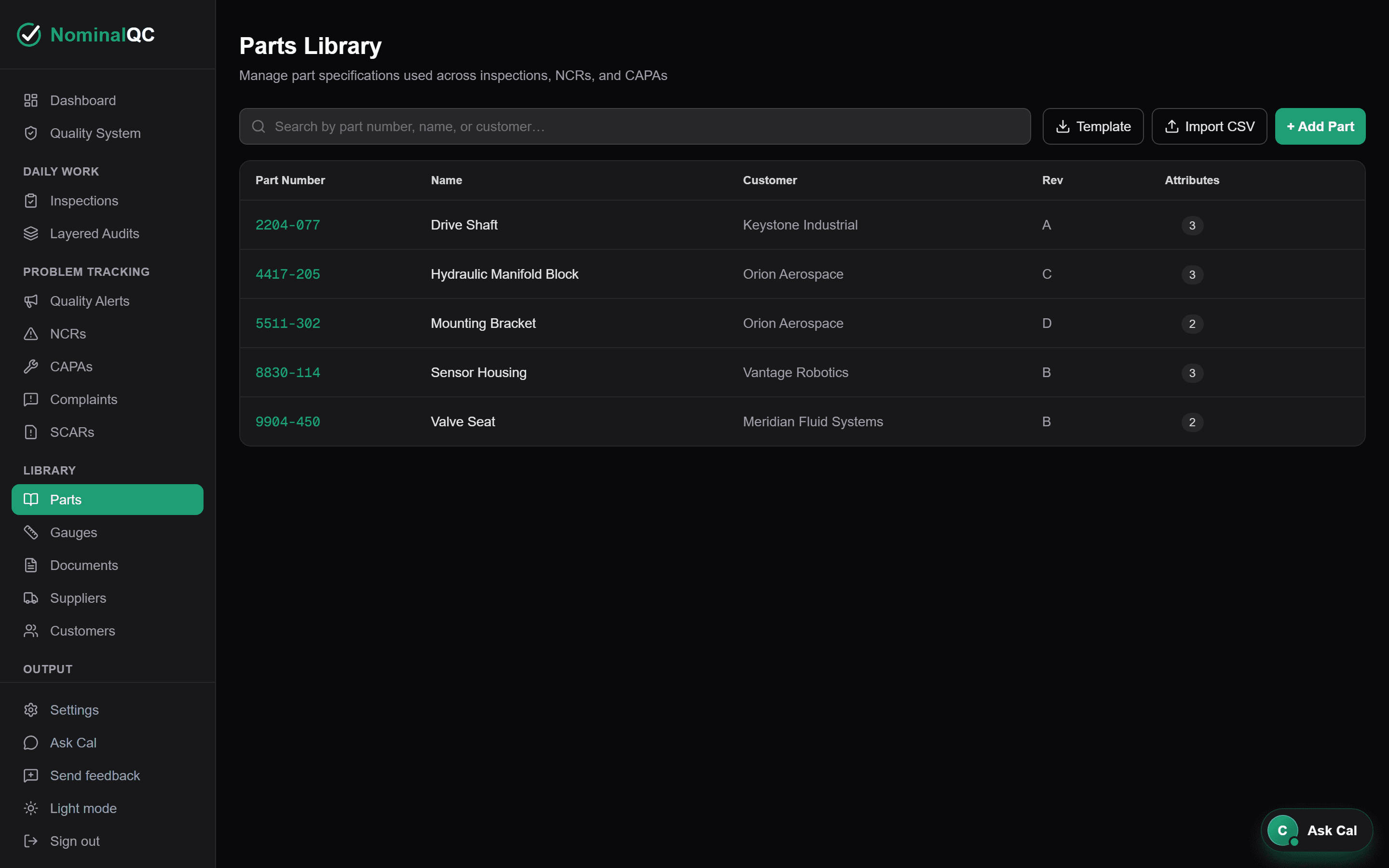 Parts Library screen listing parts with customers, revisions, and attributes