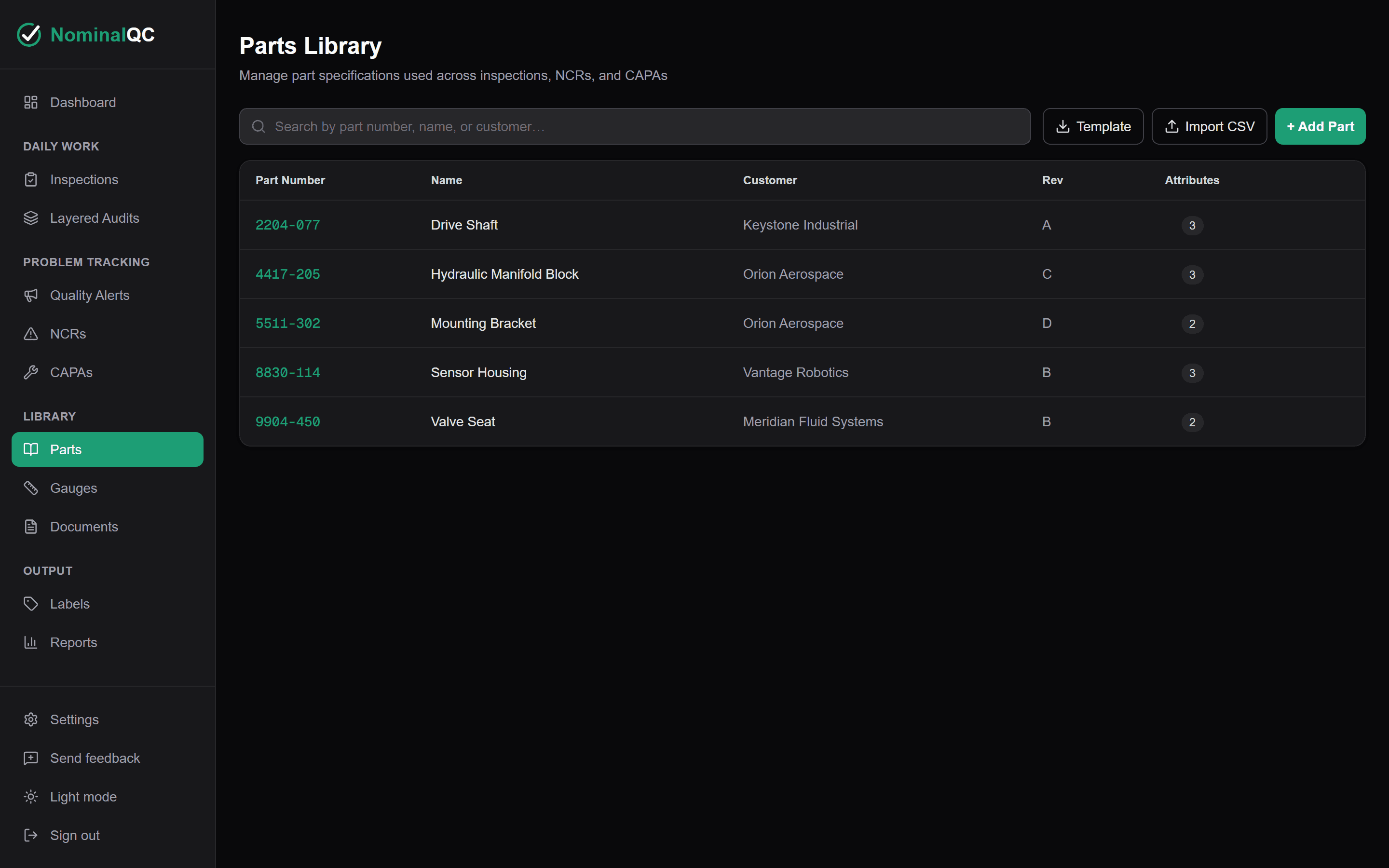 Parts Library screen listing parts with customers, revisions, and attributes