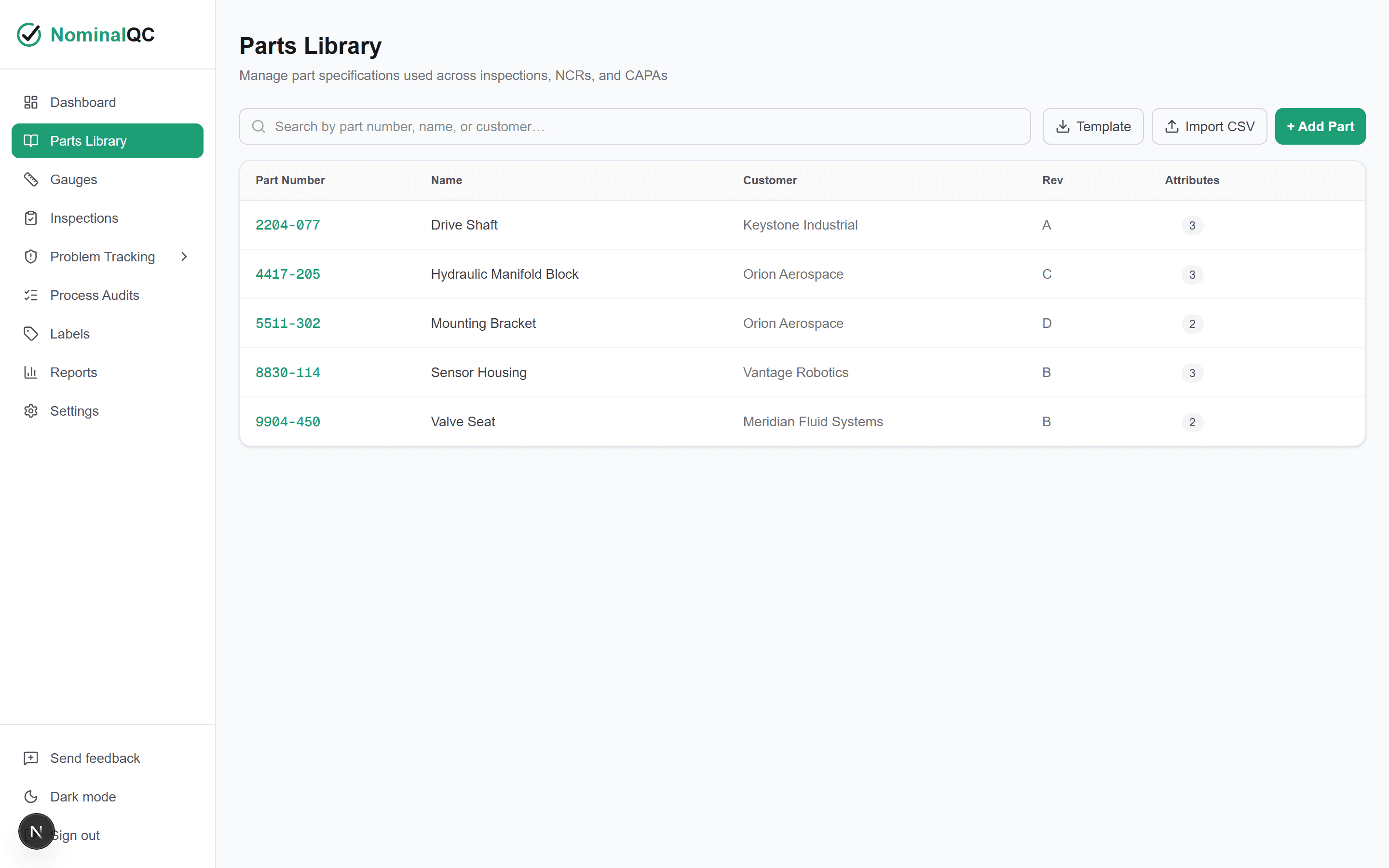 Parts Library screen listing parts with customers, revisions, and attributes
