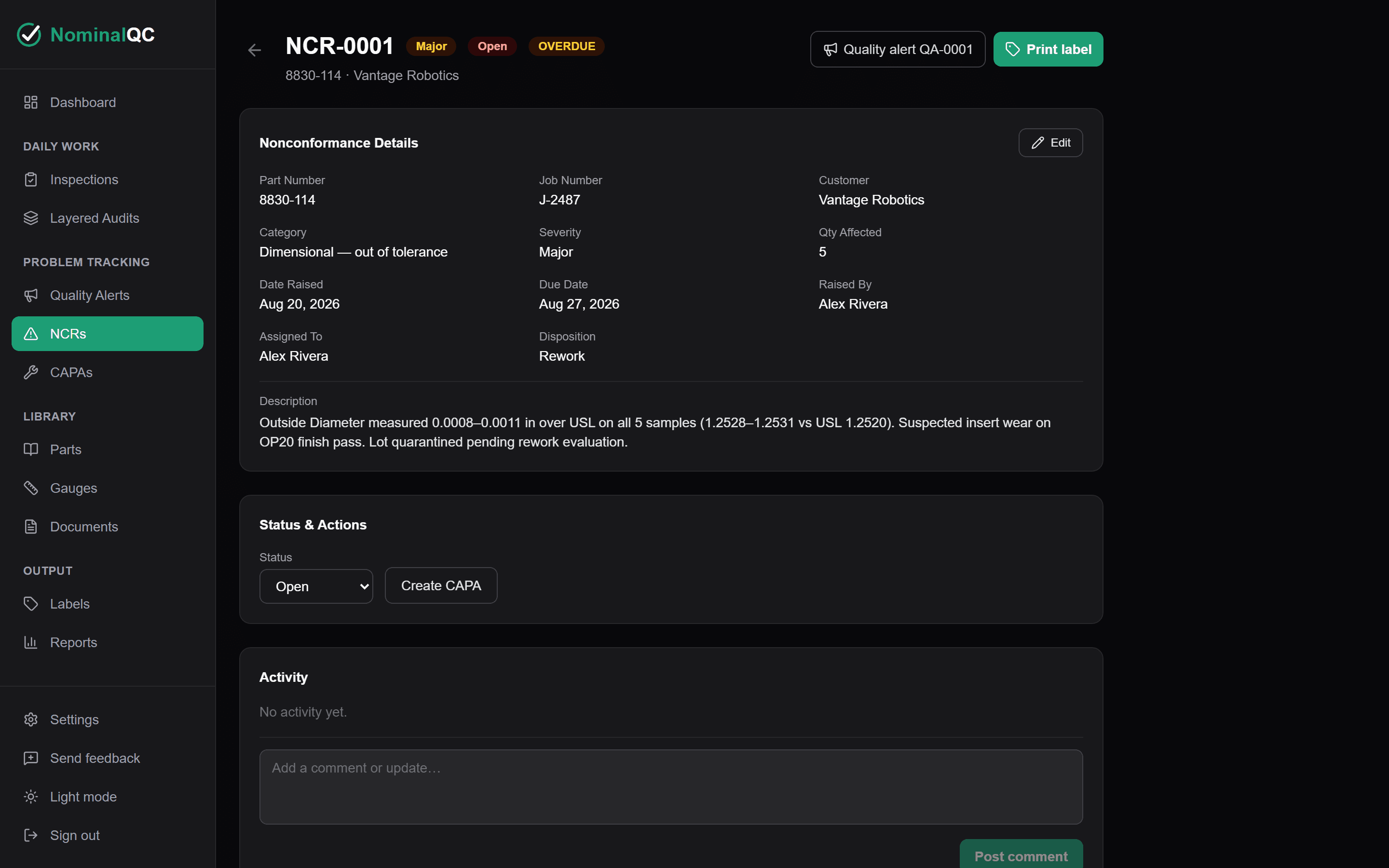 NCR detail screen with disposition, assignment, and activity log